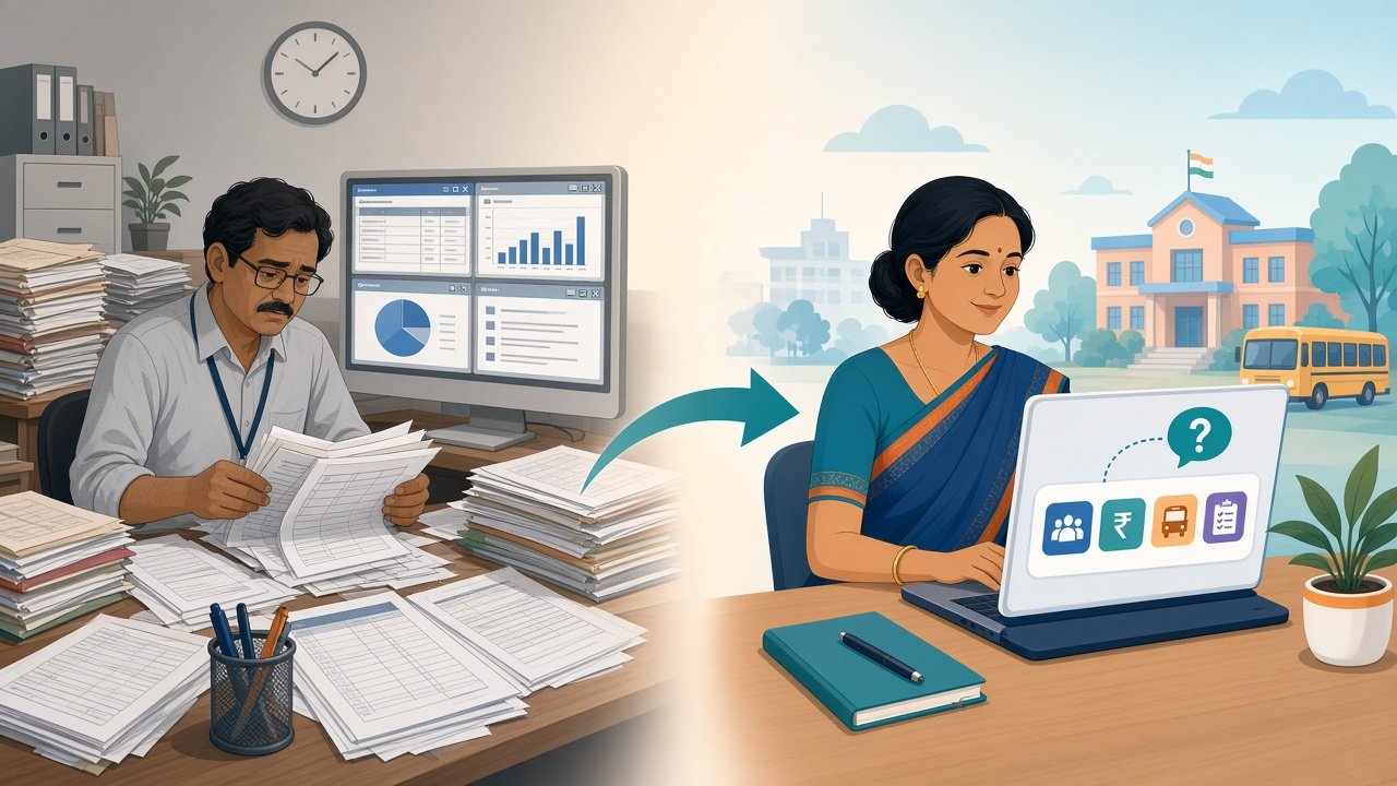 Split illustration: a school office buried in paper registers and report screens on one side, and a principal asking a laptop a question and getting a simple answer on the other