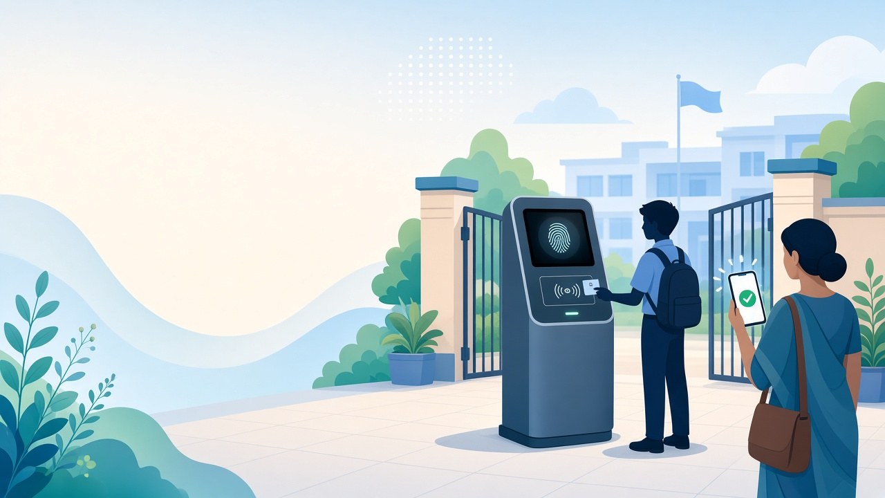 Biometric school attendance with fingerprint or RFID at the gate and parent push alert on a phone