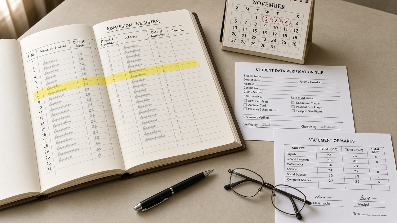 School office desk with admission register, CBSE data verification slip, marksheet and a calendar marking 2–4 November