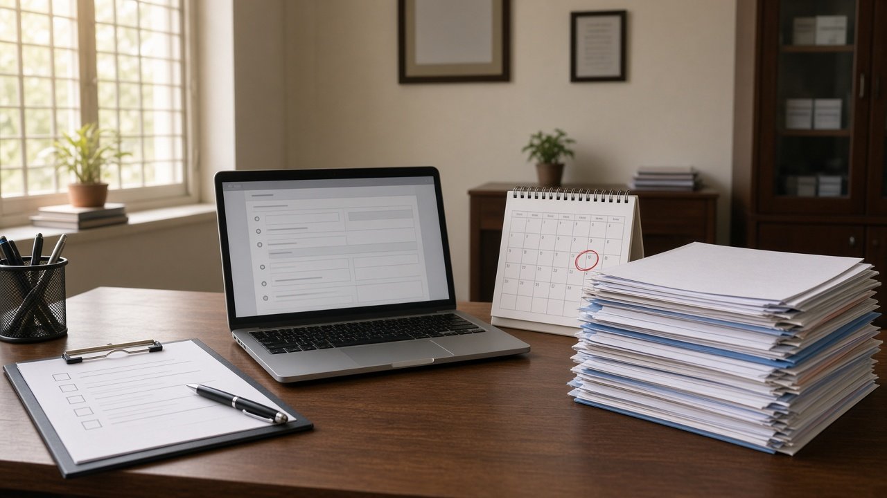Exam office desk with a laptop showing a generic form, a stack of student files, a desk calendar with a circled date, and a checklist clipboard