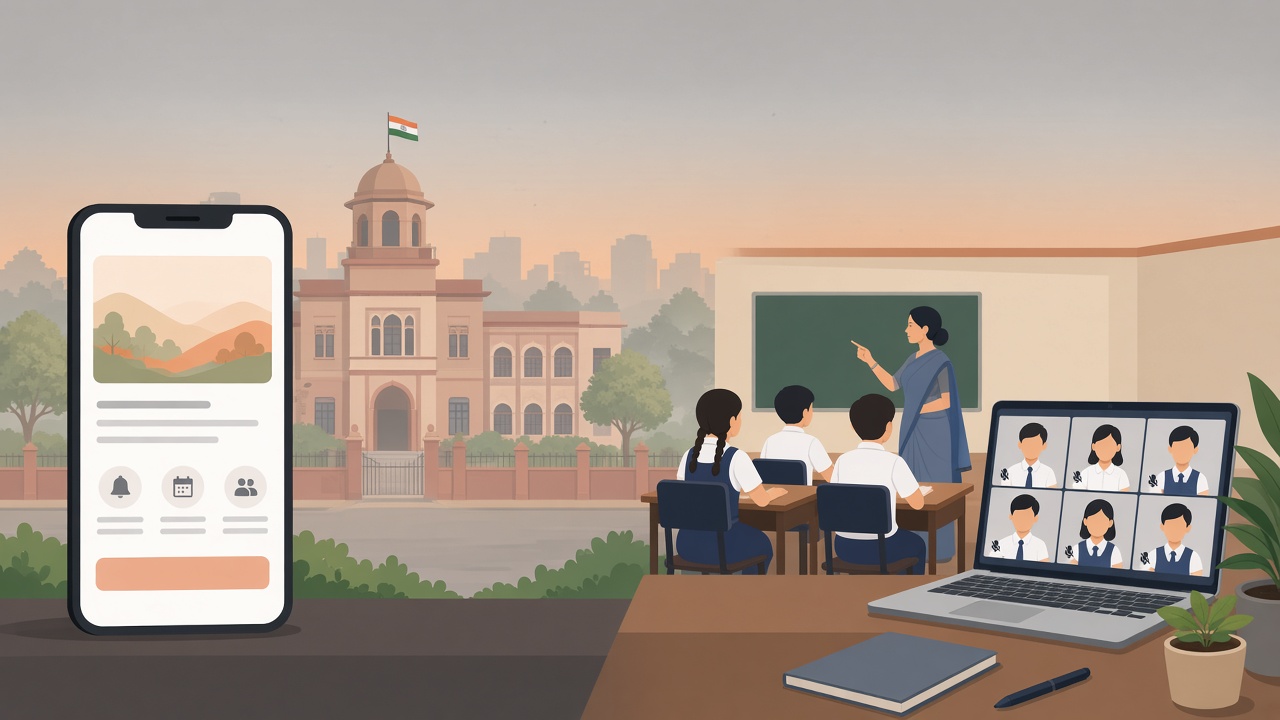 Illustration of a Delhi-NCR school under a hazy sky, with a phone showing a school announcement and a classroom running both in person and online