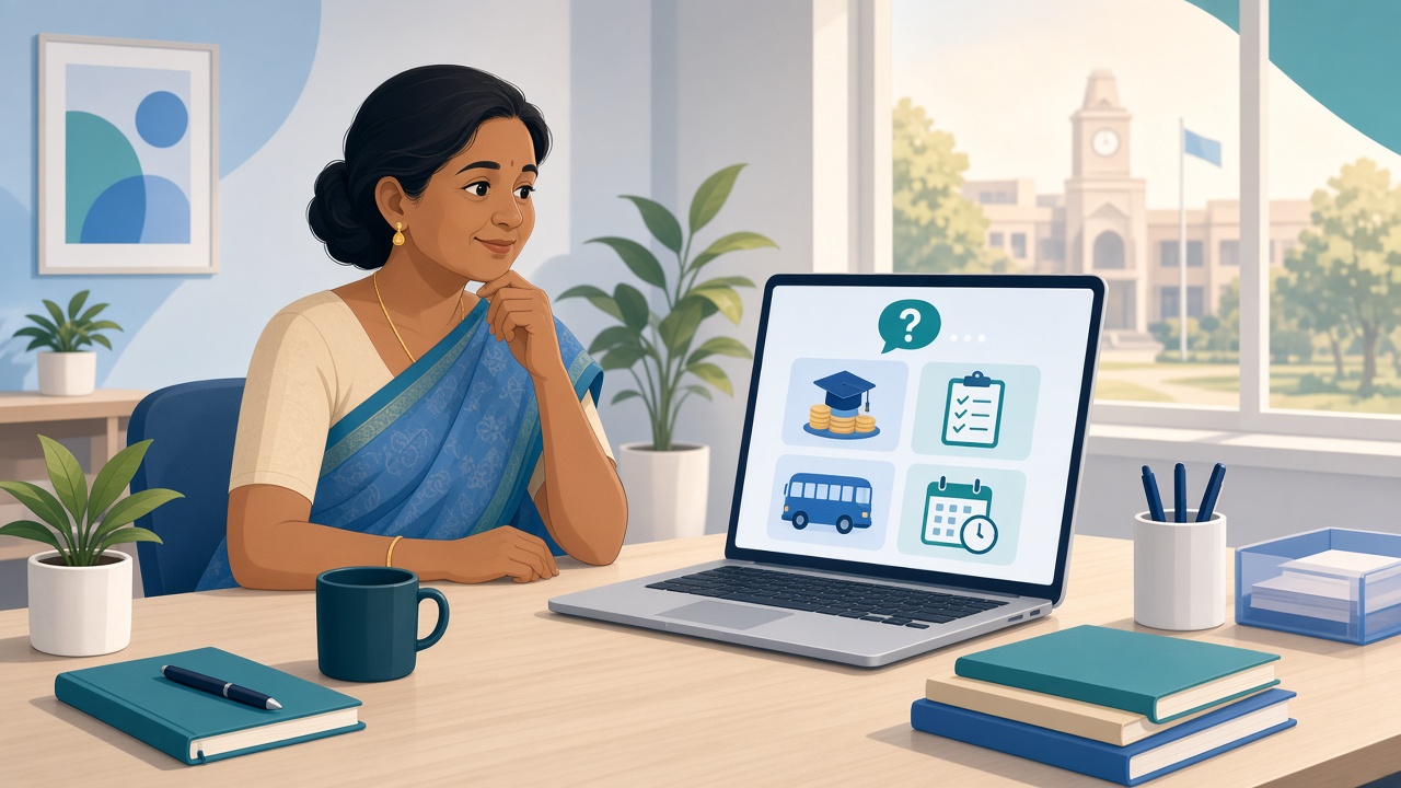 School principal at a modern desk asking a laptop a question and getting a clear answers panel with icons for fees, attendance, bus and exams