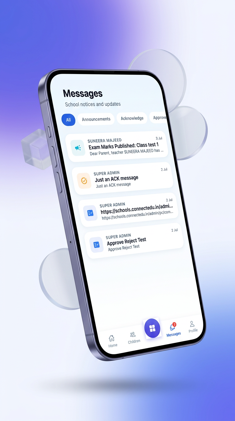 Parent app list of announcements, acknowledgements, and approvals.