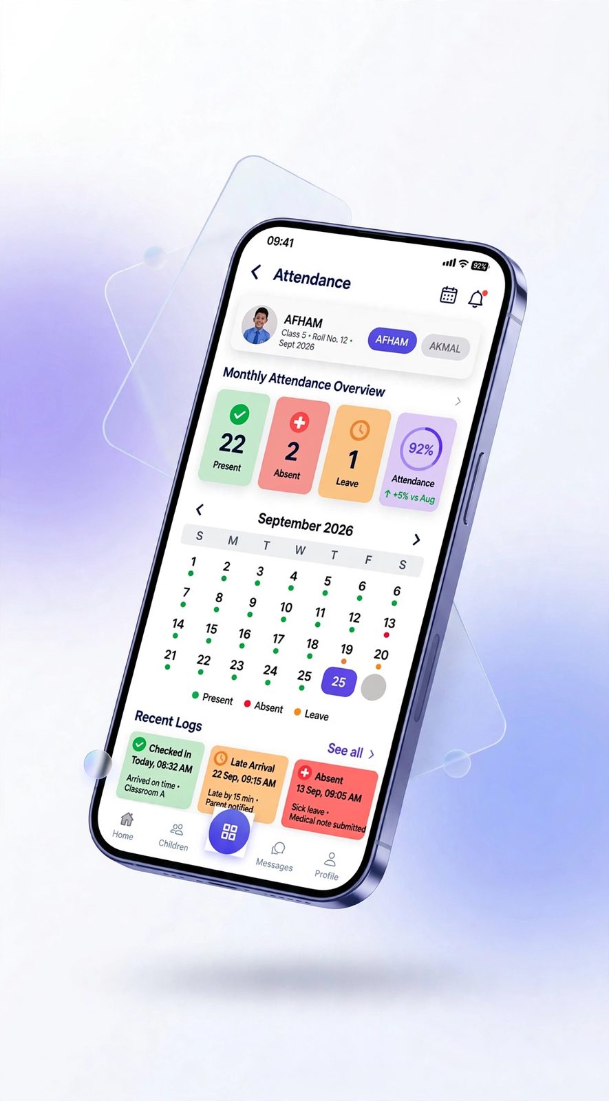 ConnectEdu mobile attendance mockup with monthly overview, calendar and attendance logs