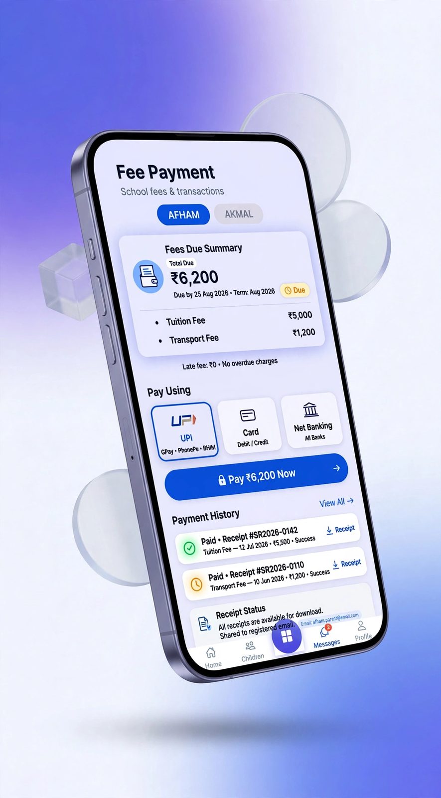ConnectEdu mobile fees mockup with amount due, payment methods, receipts and payment history