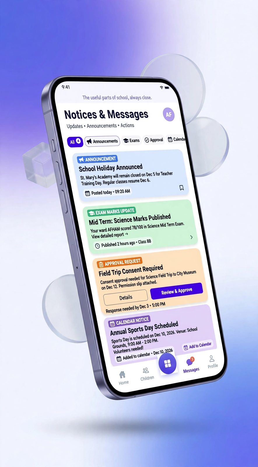 ConnectEdu mobile messages mockup with school announcements, exam updates and requests