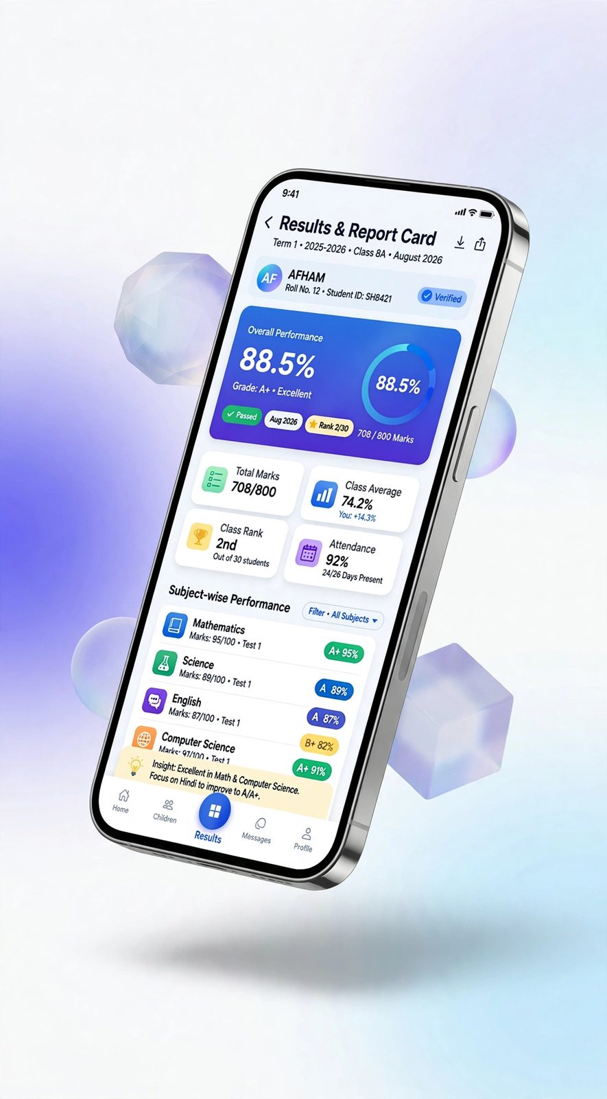 ConnectEdu mobile report card mockup with overall performance, marks and subject grades