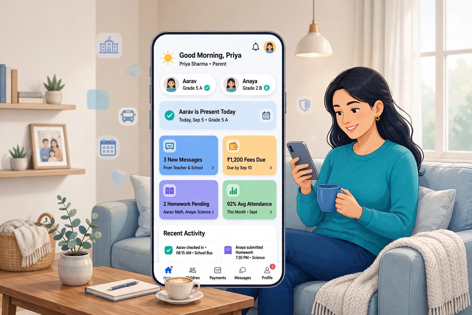 Parent at home using the ConnectEdu app, with the parent home screen showing attendance, messages, fees and progress
