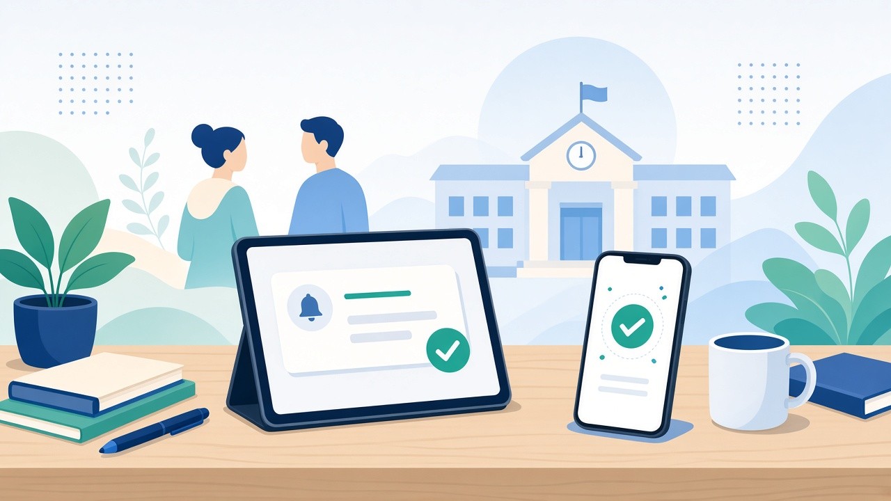 School fee reminder card next to a parent phone completing UPI online fee payment with a confirmation check