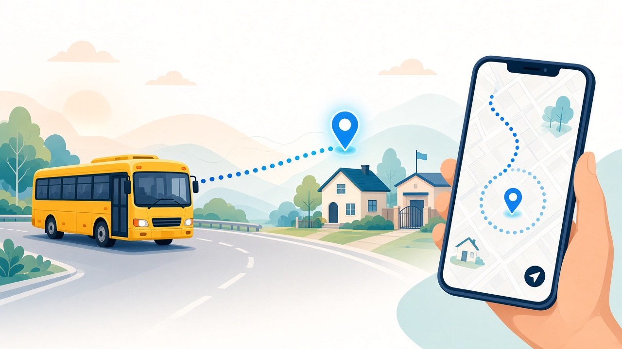 Live school bus tracking on a parent phone with GPS map and home geofence pin