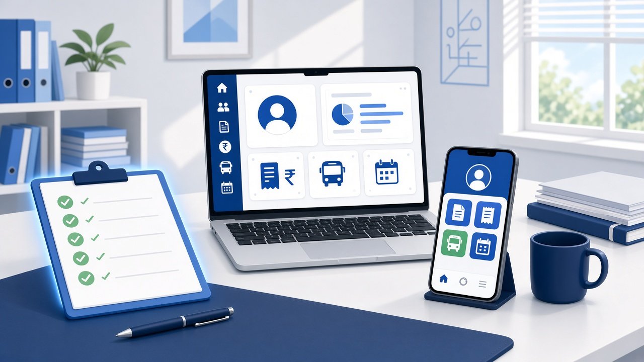 Principal's desk with a ticked checklist clipboard, a laptop showing school dashboard tiles for students, fees, transport and calendar, and a phone showing a parent app
