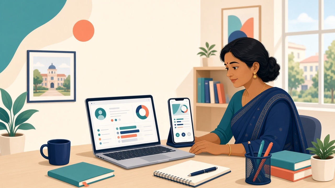 Indian school academic coordinator and parent phone showing digital report card and exam results dashboard