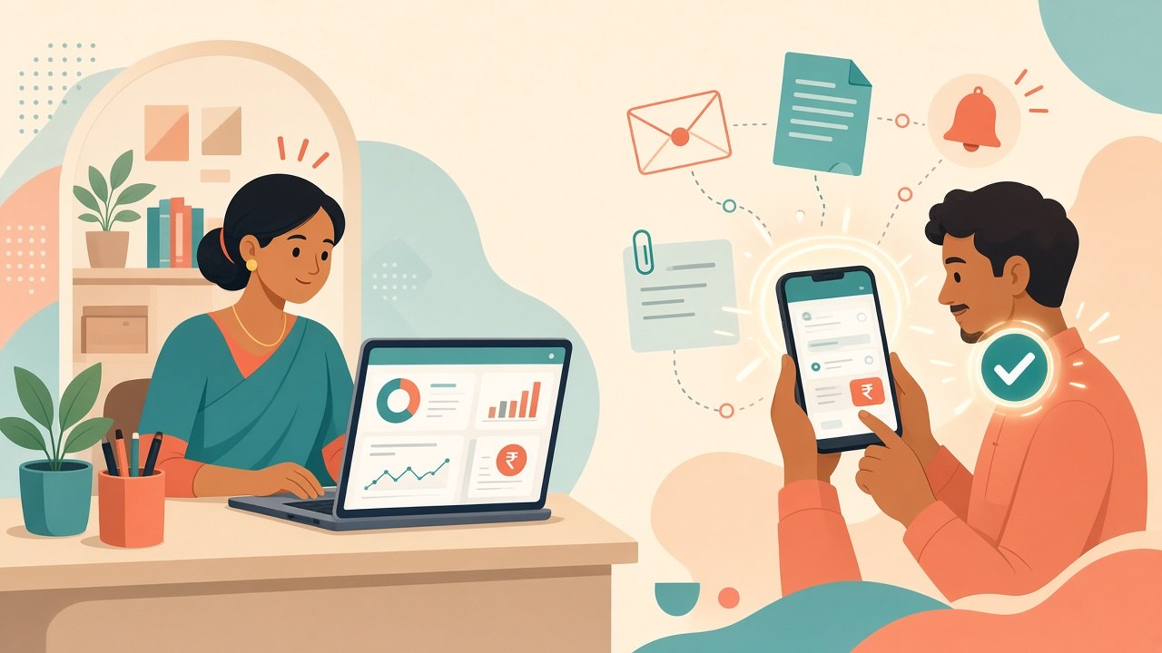 Online school fee collection on a parent phone with UPI payment, reminders, and automatic receipt