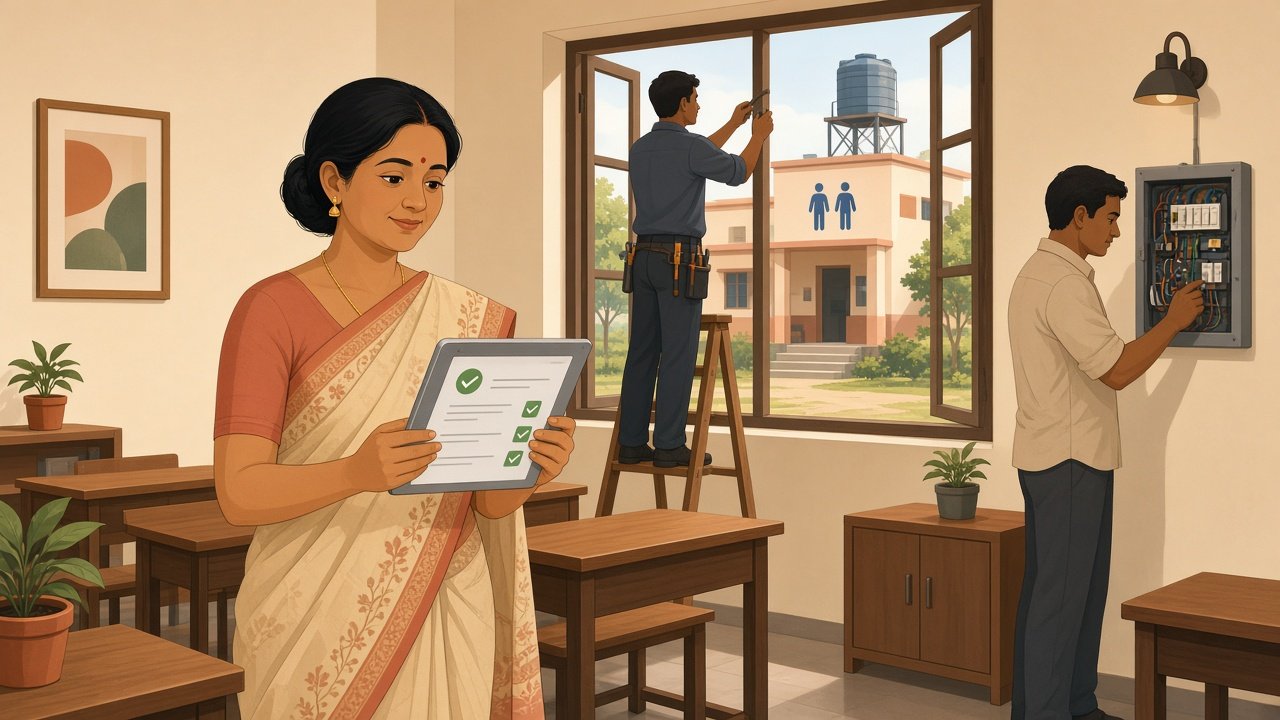 Illustration of school staff inspecting a classroom with a checklist during a school maintenance and safety check