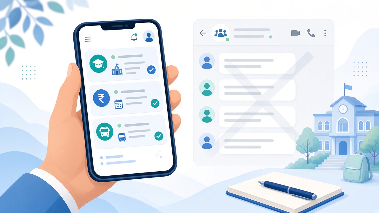School parent engagement platform on a phone next to outdated group chat