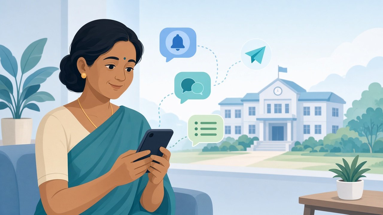 Parent reading school updates on a phone, with app, chat, SMS and Telegram-style message bubbles linking to the school