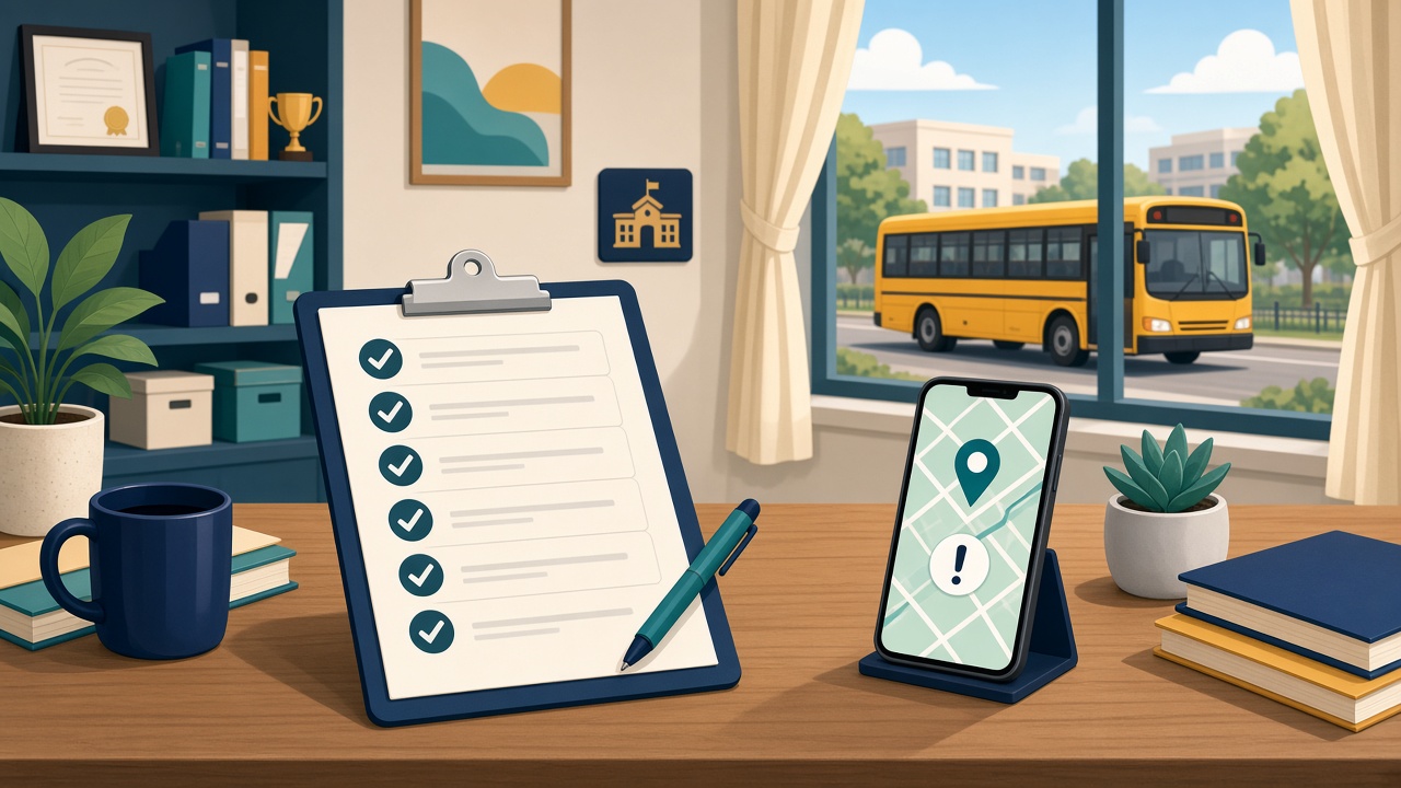 Principal's desk with a ticked transport safety checklist, laptop showing school transport dashboard tiles, phone with parent alerts, and a school bus visible through the window