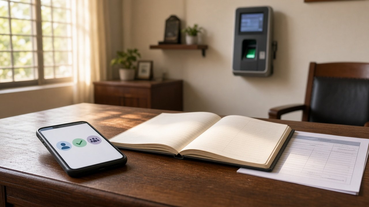 School office desk with a phone showing an attendance check-in, an open staff register, and a biometric device on the wall.